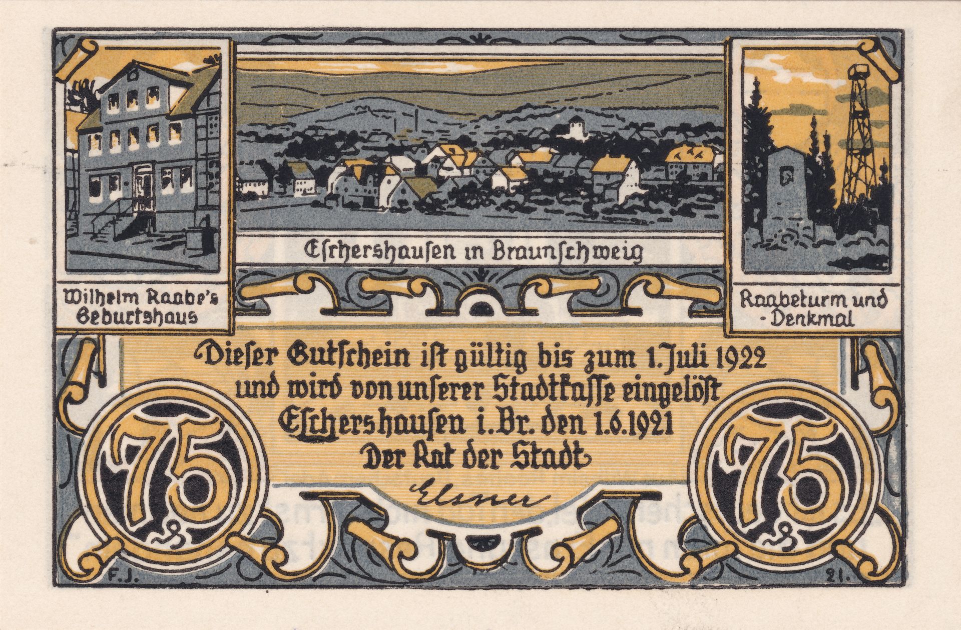 Notgeld der Stadt Eschershausen, Frontseite des 75-Pfennig-Scheins 1921